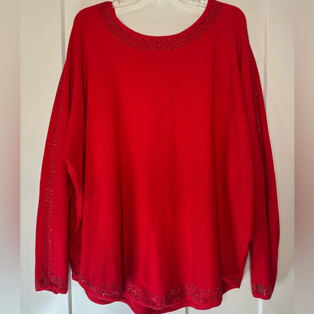 Oliver Holiday Red Sweater Black Sparkle Beads Size 2X Soft And‎ Cozy